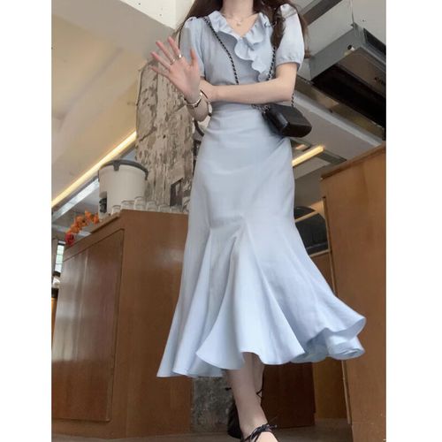 無品牌法式裙子夏季初戀時尚溫柔短袖連衣裙長裙2023新款女裝衣服批發